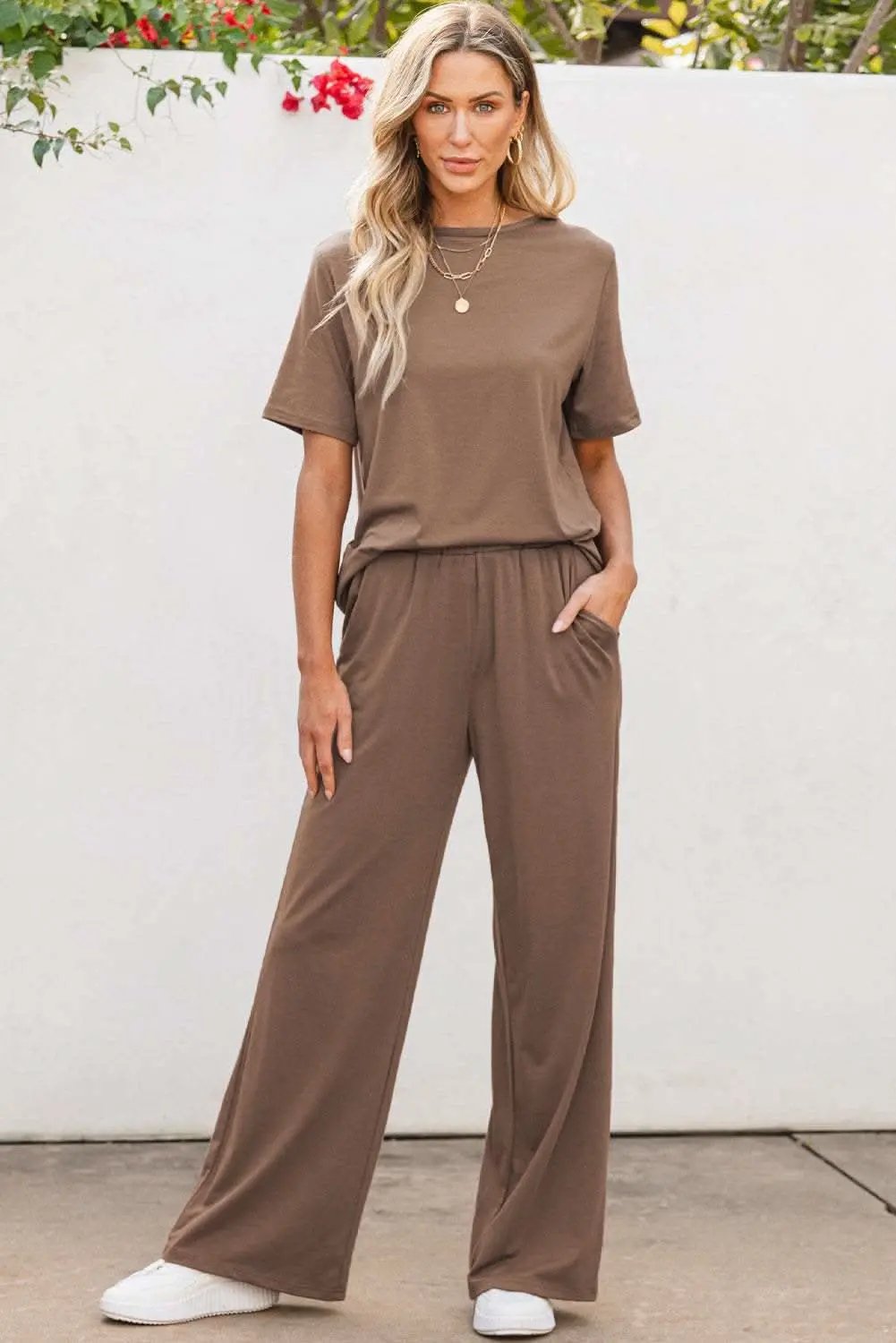 Smoke Gray Solid Color T Shirt 2pcs Wide Leg Pants Set - Love Salve